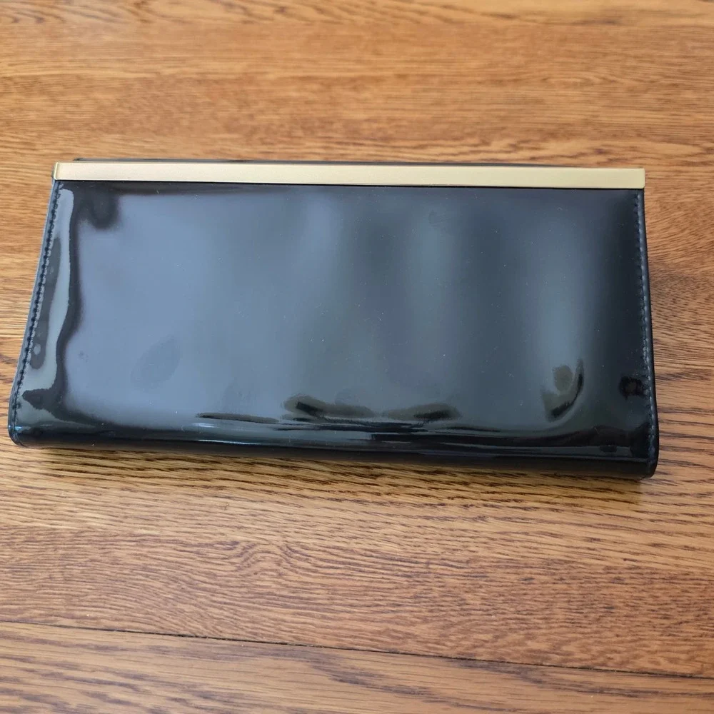 Black Patent Faux Leather Clutch Bag Gold Tone Metal Bar Trim Evening Handbag